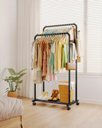 Clothes Rack - Double Rods Clothing Rack with Mesh Shelf, Hooks & Wheels, Metal Clothing Racks for Hanging Clothes & Bags, Multifunctional Garment Rack for Laundry, Black, 28.7" x 16.5" x 59.1"