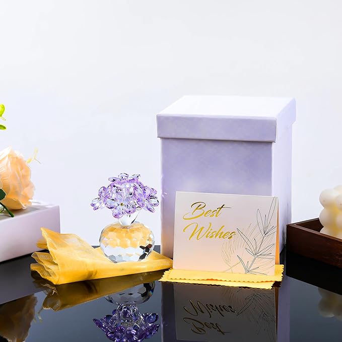 Qianwei Purple Crystal Flowers Figurine - Forget Me Not Gifts Sympathy Glass Flowers Collectible Figurines Decor Paperweight Ornament Home Office Table Desk Decorations