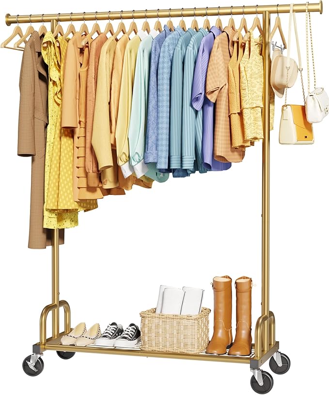 Clothes Rack - Large-Capacity Clothing Racks for Hanging Clothes with Lockable Wheels, Space-Saving Metal Coat Rack for Bedroom, Laundry Room, Entryway, 45.6" x 16.9" x 59", Gold