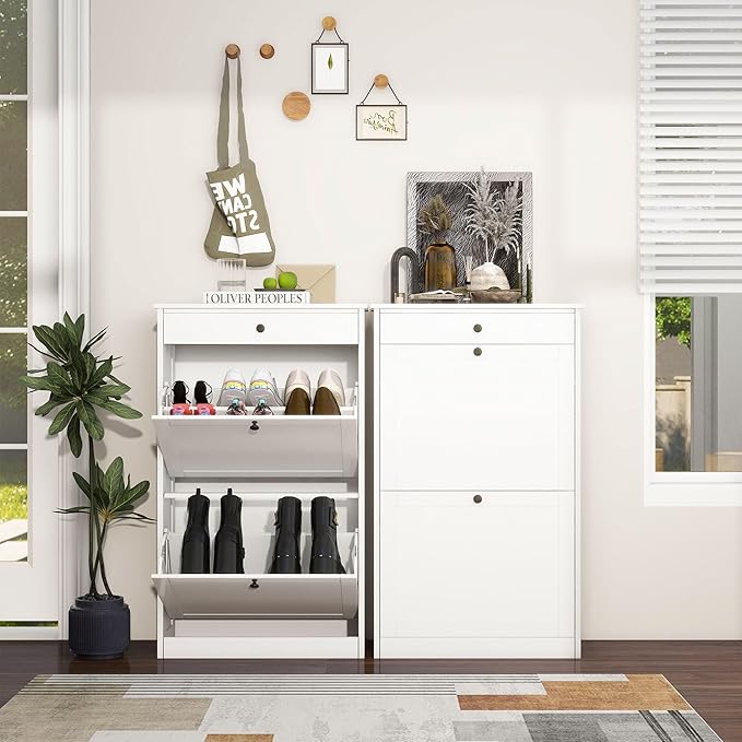 Shoe Cabinet with 2 Flip Drawers Set of 2, Small Wood Modern Shoe Organizer with Adjustable Shelf, Narrow Freestanding Hidden Shoe Cabinet Storage for Entryway, Hallway, Living Room, White