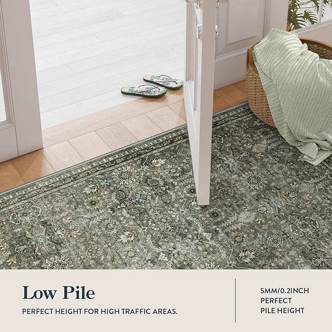 Lahome Dark Green Runner Rugs for Hallway 2x10, Washable Stain Resistant Kitchen Runner Rug 10ft, Rubber Backed Non Slip Carpet for Entryway Back Sliding Door