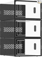 BALEINE 3 Pack Stackable Shoe Storage Boxes Fit Size 9, Thickened Clear Shoe Box Bins with Lids, Plastic Foldable Shoe Rack Organizer Sneaker Storage Containers (Large, Black)