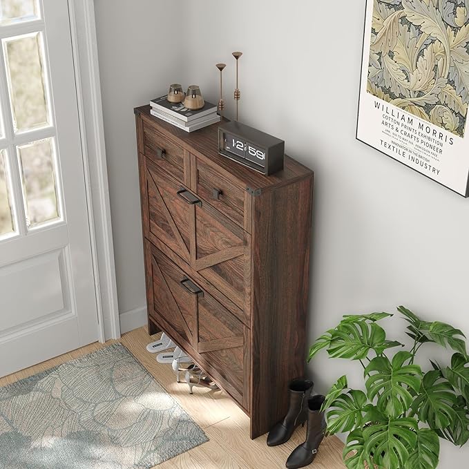 Shoe Cabinet with 2 Flip Drawers & 2 Drawers,Farmhouse Shoe Storage Cabinet for Entryway,Slim Freestanding Narrow Organizer Rack for Front Door Entrance,Dark Walnut