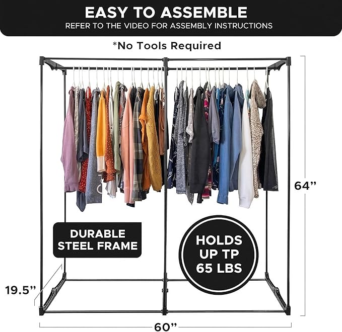 HOLDN’ STORAGE Portable Wardrobe Closet - 65 lb Large Capacity, Internal Heavy Duty Metal Rod, Zipper & Clear Window, Durable Clothes Organizer, Tool-Free Easy Assembly, Gray Canvas Cover