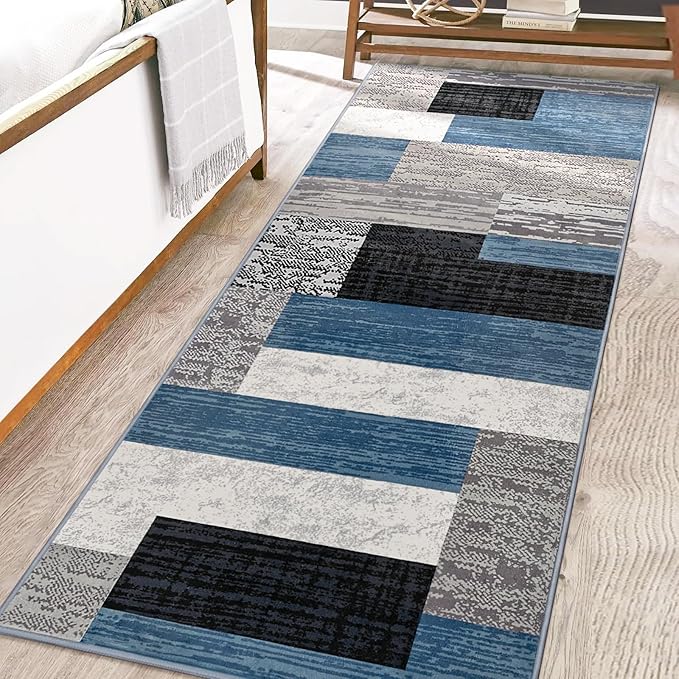 FlyDOIT Modern Geometric Patchwork Area Rug, 2x6 Blue Runner Rugs for Living Room, Rockwood Collection Indoor Rugs for Bedroom, Throw Carpet Floor Decor for Entryway Dining Room Office Nursery