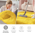 OLANLY Yellow Round Rugs for Bedroom - Machine Washable, 4 ft Circle Area Rugs for Living Room, Soft and Fluffy Shaggy Carpet for Teen Girl and Boys, Nursery Rooms, Dorms, Home Decor Aesthetic