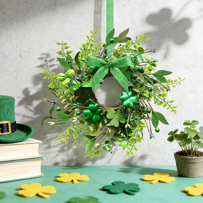 4 PCS Mini St. Patrick's Day Glitter Shamrocks Wreath for Front Door St. Patrick's Day Kitchen Cabinet Wreaths Decorations with Ribbon Small Lucky Green Irish Clover Berry Wreath for Porch Window