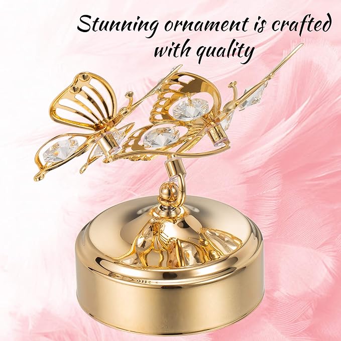 Matashi Crystal Studded 24K Gold Plated Double Butterfly Music Box Figurine – Plays "Memory" – Elegant Tabletop Showpiece for Living Room Decor – Keepsake Gift for Women, Mom, Wife, Birthday