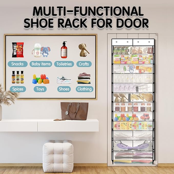 Over The Door Shoe Organizer with 12 Large Breathable Pockets - Durable Hanging Storage for the Entire Family's Shoes (White)