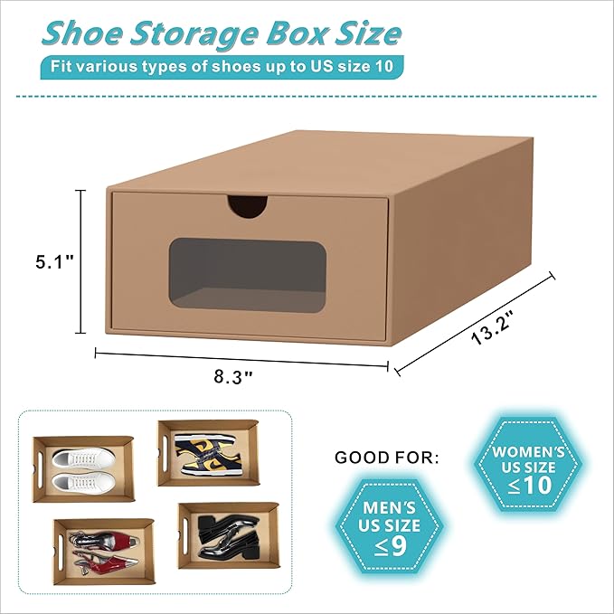 12 Pack Shoe Storage Bins, Waterproof Storage Boxes, Shoe Containers For Sneaker Display, Hat Organizer, Stack-able Cardboard Boxes, with Marking Labels, Transparent Window(13.2'' x 8.3'' x 5.1'')