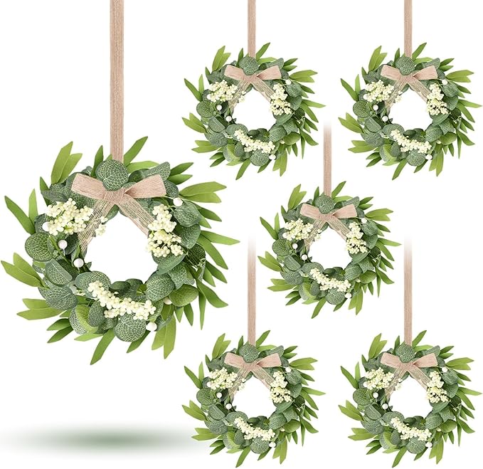 6 Pcs Green Artificial Eucalyptus Swag Wreaths Spring Summer Candle Rings Wreath with White Berries Mini Green Kitchen Cabinet Wreaths with Ribbon for Front Door Porch Wall Window Farmhouse Decoration