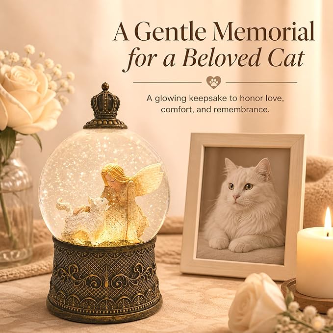 Cat Memorial Gifts for Loss of Cat Sympathy Gift, Snow Globe with Auto Swirling Glitter & 6H Timer, Battery or USB Powered, Cat Remembrance Gifts for Home Decor