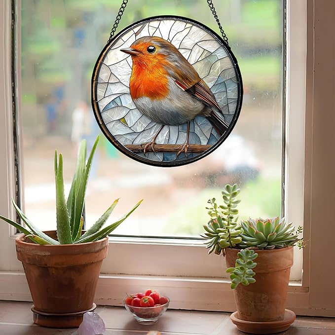 Stained Glass Window Hanging - Orange Grey Robin Sun Catcher for Door Garden Home Decor Bird Lovers Suncatcher Christmas Mother's Day Birthday Gifts for Women Men Mom Nana 11.8 in