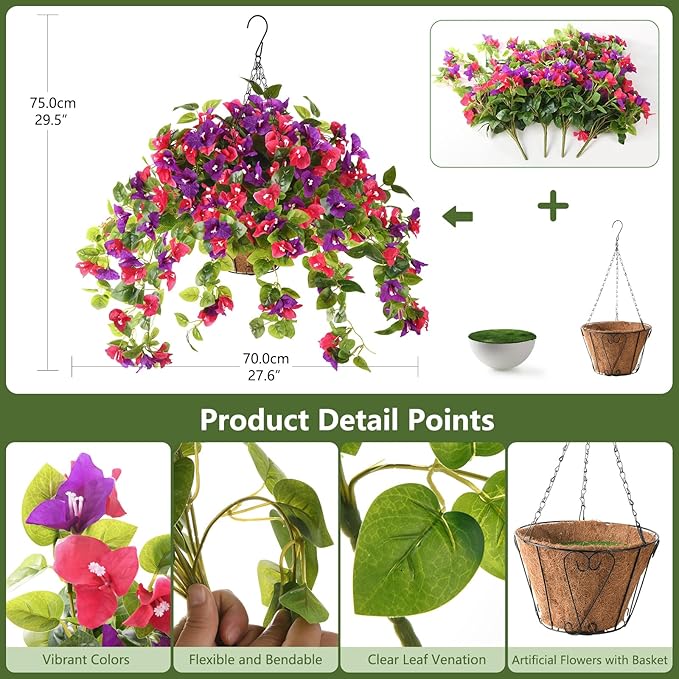 Homsunny Artificial Fake Hanging Flowers Plants Basket for Outdoor Decoration, Faux Silk Flower Bougainvillea Planter Look Real UV Resistant for Home Porch Patio Balcony Yard Spring Decor(Mix Pulple)