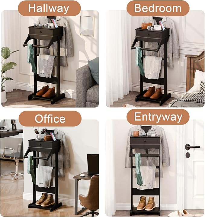 Brefhome Mens Valet Stand with Drawer & Tray, Wooden Clothing Rack for Men Women, Modern Garment Rack for Entryway, Bedroom, Black (Tray + Drawer)