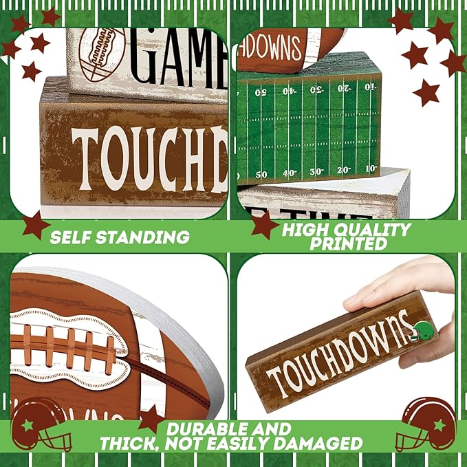 Yuntau 4 Pcs Fall Football Table Decorations Football Tiered Tray Decor Autumn Wooden Blocks Sign Game Time Touchdowns Centerpiece Decorative Faux Book Stack for Coffee Table Fireplace Mantel Shelf