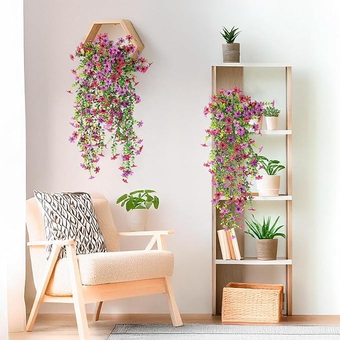 Artificial Fake Hanging Flowers Plants for Outdoor Spring Decoration,2 PCS Faux Silk Daisy with Eucalyptus Leaves,UV Resistant Look Real for Outside Home Indoor Planter Porch Patio Balcony Yard Decor