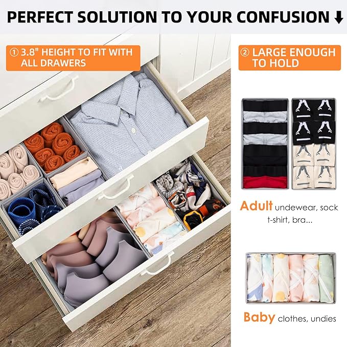 Criusia Drawer Organizer Clothes 12 Pack -Dresser Organizer Bins for Closet Bedroom - Baby Clothes Organizers and Storage for Nursery Organization -Drawer Organizer Divider for Sock Underwear-Grey