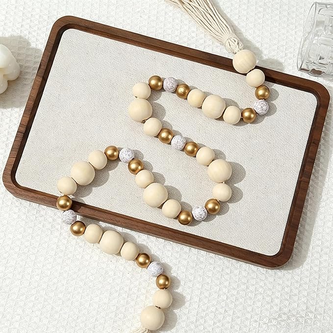Wood Bead Garland with Tassel, Farmhouse Beads Rustic Country Decor, Boho Chic Wall Hanging Home Decor for Wall, Above Cabinet & Table