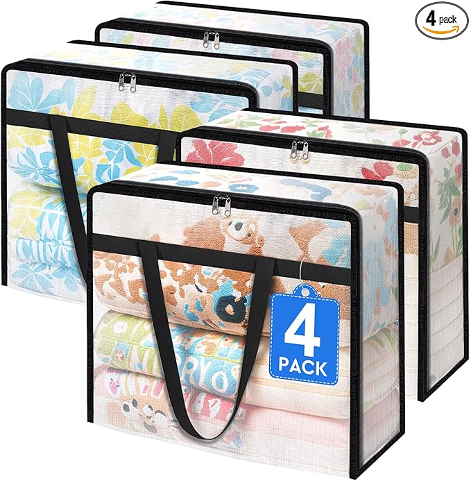 4 Pack Clear Storage Bags for Comforter, Clothes & Bedding, Plastic Blanket Storage with Zipper and Handle, Moving Bags, Closet Organizer and Under-Bed Storage (60L)