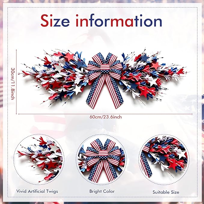 4th of July Patriotic Swag Red White and Blue Memorial Day Front Door Floral Twigs Swag with Forsythia Flowers Stars Independence Day 250th Anniversary Veterans Day Decor for Arch Wall Home Decor