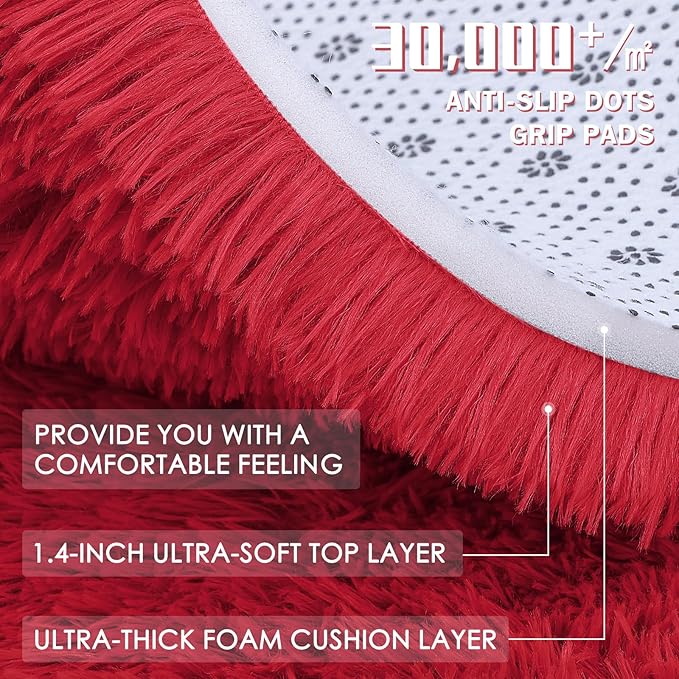 OLANLY Red Round Rugs for Bedroom - Machine Washable, 6 ft Circle Area Rugs for Living Room, Soft and Fluffy Shaggy Carpet for Teen Girls and Boys, Nursery Rooms, Dorms, Home Decor Aesthetic