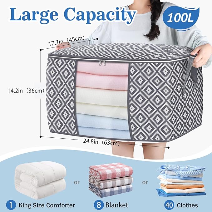 Direct 100L, 2 Pack, Storage Containers, Large Clothes Storage Bins Foldable Organization and Storage Bags with Reinforced Handle, Clear Window for Bedding, Blankets, Clothing, Grey