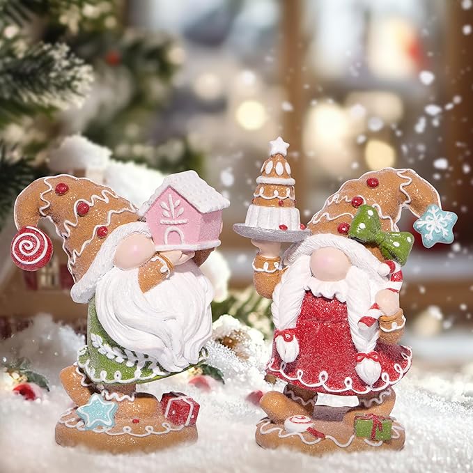 Hodao 2PCS Christmas Gingerbread Man Gnome Decorations - Handmade Swedish Tomte Figurines for Home Decor New Year Gifts (2pcs Brown)