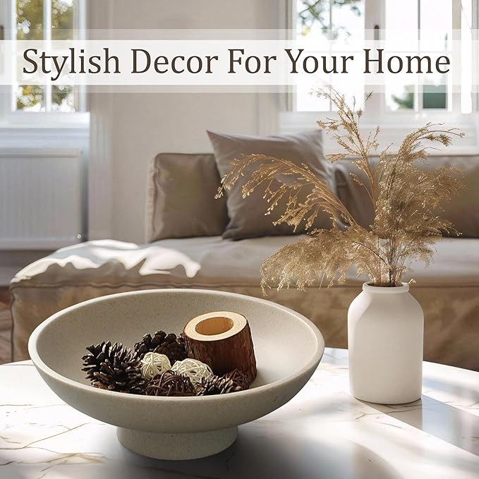 LIN CHUAN Modern Resin Pedestal Bowl – Large Fruit Bowl for Kitchen Counter, Catch All Bowl for Entryway Table, Stylish Key Bowl & Dining Centerpiece, Beige