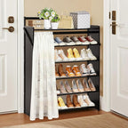 Easy Install Wooden Shoe Rack with Privacy Curtain - 6-Tier Foldable Shoe Storage Organizer, Unfold & Tighten to Use, Sturdy Wood Shoe Shelf for Closet Entryway Hallway Small Space