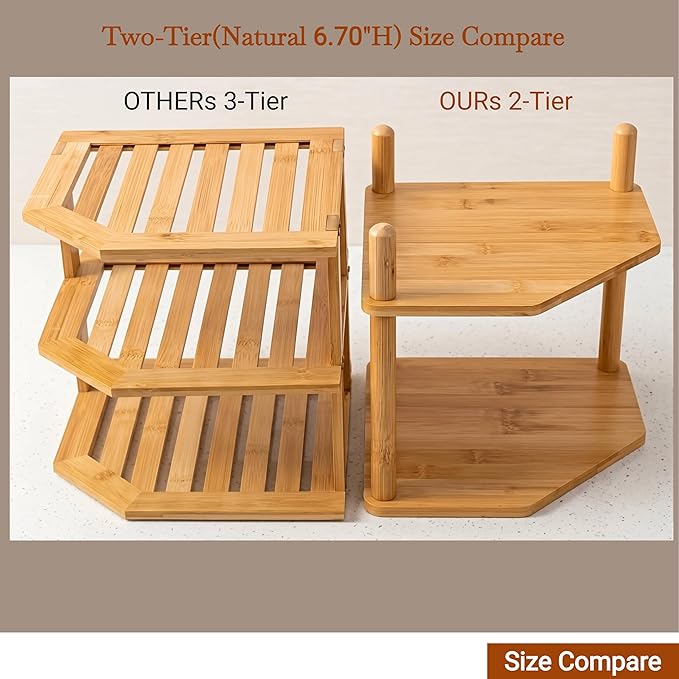 2-Tier Expandable Bamboo Corner Shelf - Dish/Plate Organizer for Cabinet, Kitchen Counter Shelf & Small Kitchen Shelf, Adjustable (6.7" H-White, 2-Tier)