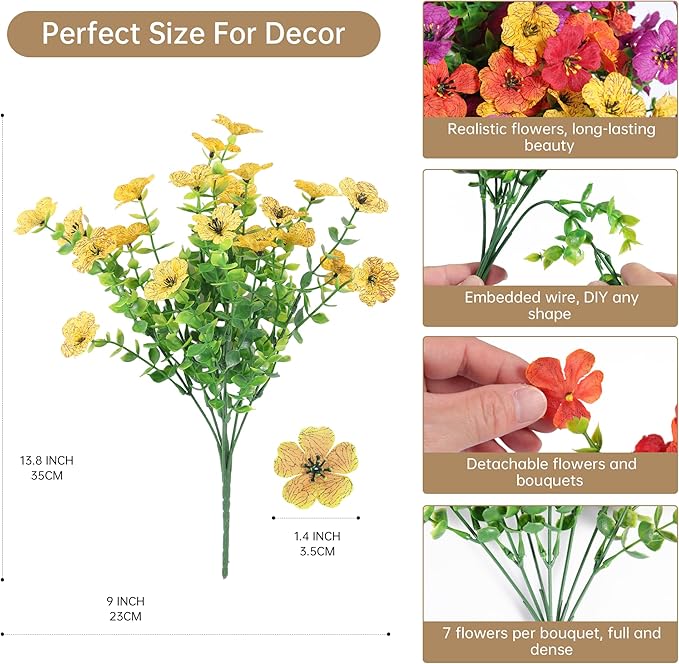 Artificial Faux Flowers Plants for Outdoors Outside Spring Summer Decoration,12 Bundles Silk Daisy Realistic Fake Flowers Plants Greenery UV Resistant for Planters Porch Patio Front Yard(4 Multicolor)