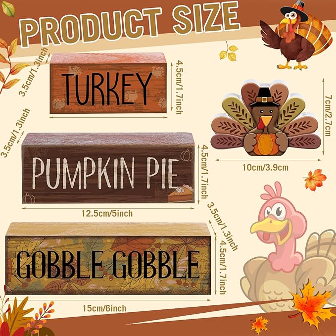 Lineshading 4 Pcs Thanksgiving Decorations for Home Wooden Turkey Decor Fall Tiered Tray Decor Thanksgiving Table Centerpiece Rustic Wooden Turkey Block Sign for Autumn Harvest Party Kitchen Shelf