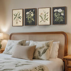 Framed Botanical Wall Art for Living Room, 4 Piece Rustic Floral Canvas Paintings Prints, Vintage Flower Pictures for Farmhouse Dining Room Hallway Bedroom Kitchen Bathroom Wall Decor, 12x16 Inch