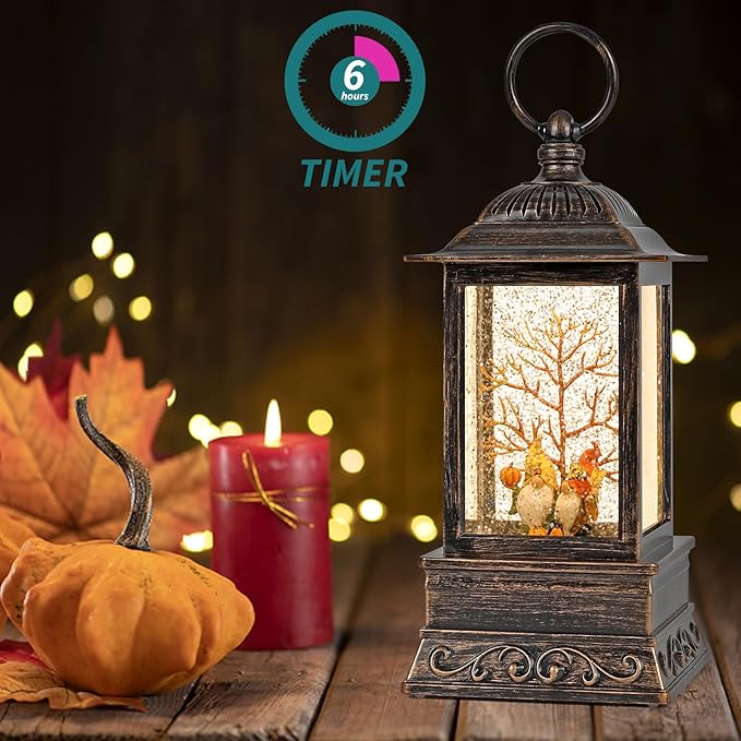 Fall Snow Globe Decorations, Glitter Gnome Lantern with 6H Timer, USB/Battery Powered Lighted Décor for Home, Tabletop, Gift Box
