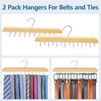 Tie Rack & Belt Hanger 2 in 1 Tie Hanger Space Saving Max 42 Belts& 60 Ties Capacity for Closet Organizers and Storage, Sturdy Wood Belt & Tie Collection Organizer(Wood, 2Pack)