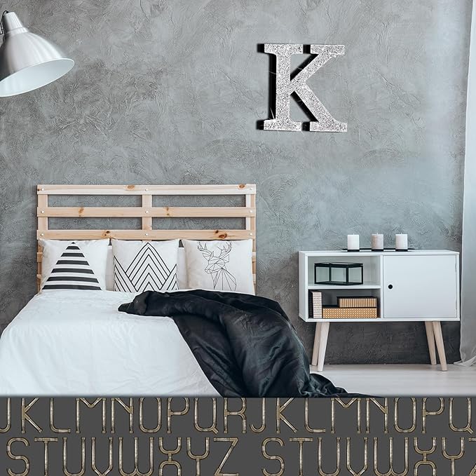 Qunclay 8'' Silver Crystal Diamond Bling Letters Crushed Diamond Decoration Wooden Glitter Letter with Screw and Hooks Rhinestone Gift for Wedding Y2k Mcbling Bedroom Wall Decor (Letter K)