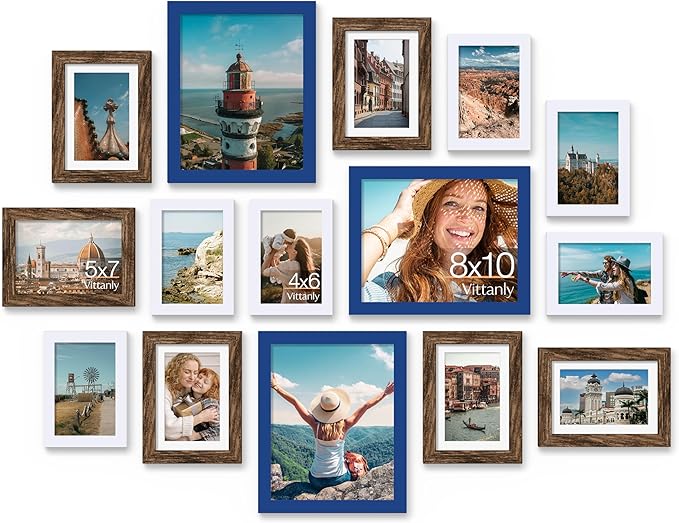 Vittanly 15 Pack Picture Frames Collage Wall Decor, Multi Sizes Including 3pcs 8x10, 6pcs 5x7 and 6pcs 4x6 Photo Frames, Gallery Frame Set for Wall or Tabletop Display, Blue, Brown and White