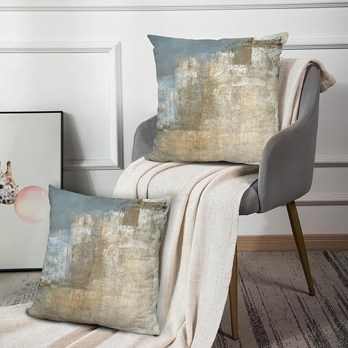 Grey and Beige Abstract Art Contemporary Pillow Cover, Modern Neutral Decorative Throw Pillows Cushion Cover for Bedroom Sofa Living Room 20 x 20 Inch Set of 2