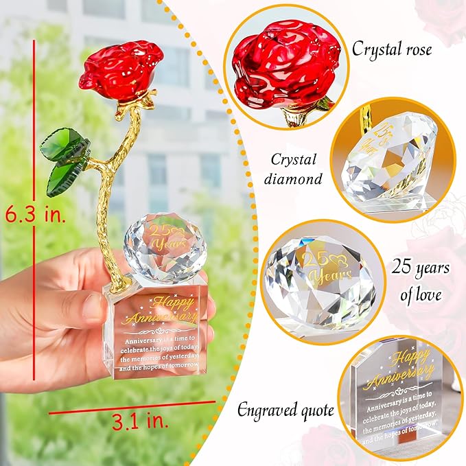 YWHL 25th Wedding Anniversary Rose Gifts for Couples, 25 Years Happy Anniversary Crystal Gift for Wife Husband, Crystal Rose Figurine with Silver Diamond, Romantic Valentines Day Present for Her Him
