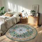 U'Artlines Boho Round Vintage Area Rug 4ft Machine Washable Low Pile Soft Floor Carpet Non Slip Non Shedding Accent Rug for Living Room Bedroom Entryway Dining Room Office Green