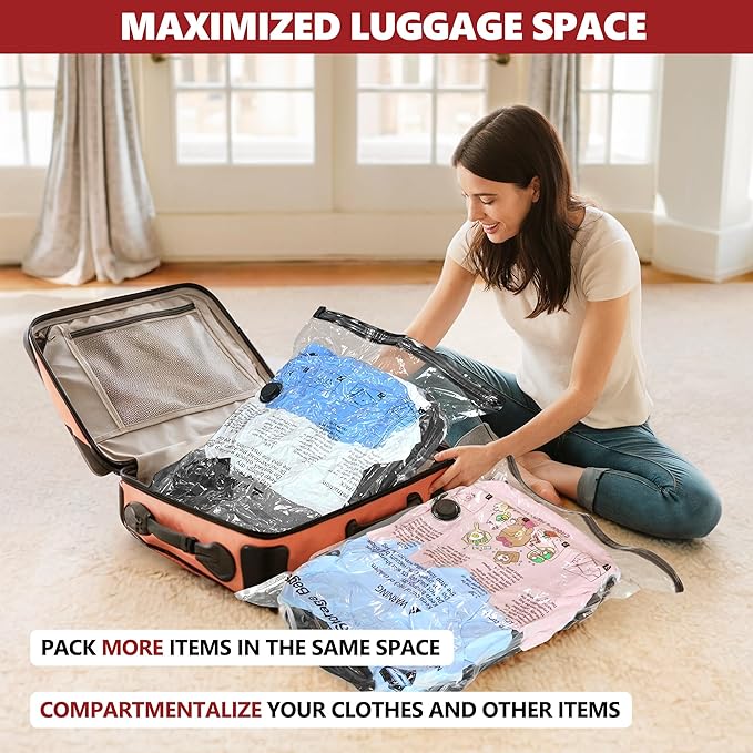 Vacuum Bags for Travel with Rechargeable Pump, 8 Large Compression Packing Seal Bags for Luggage Suitcase, Space Saver for Clothing and Clothes Storage Travel