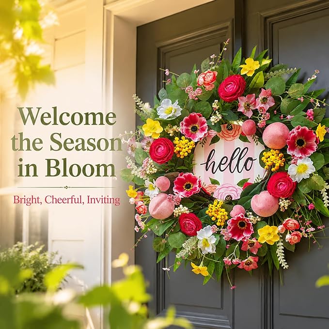 Spring Summer Wreaths for Front Door 24 Inch with Cherry Blossom,Pink Roses & Hello Sign,Summer Door Wreath for Entryway,Porch & Home Décor Indoor Outdoor