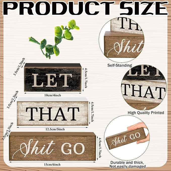 Moucuny 4 Pcs Bathroom Shelf Decor Sign Farmhouse Bathroom Decor and Accessories Rustic Eucalyptus Leaves Wood Block Sign Gift Let That Shit Go Funny Farmhouse Table Centerpiece for Home Office Toilet