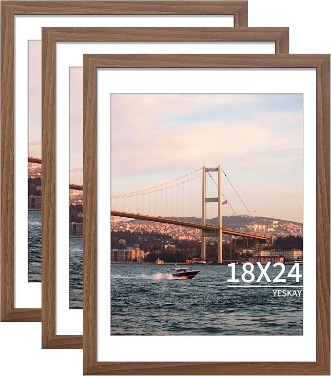 18x24 Picture Frame Brown Set of 3, Display Pictures 16x20 with Mat or 18 x 24 Without Mat, Poster Frames 18x24 for Wall Hanging Horizontal and Vertical