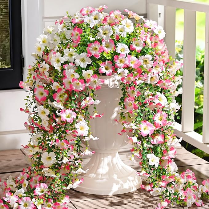 Waipfaru Artificial Petunias Flowers for Outdoors, 2 Pcs UV Resistant Fake Hanging Plants Spring Outside Decor, Faux Silk Flowers Long Trailing Vines for Outdoor Planters Porch Garden (Pink White)