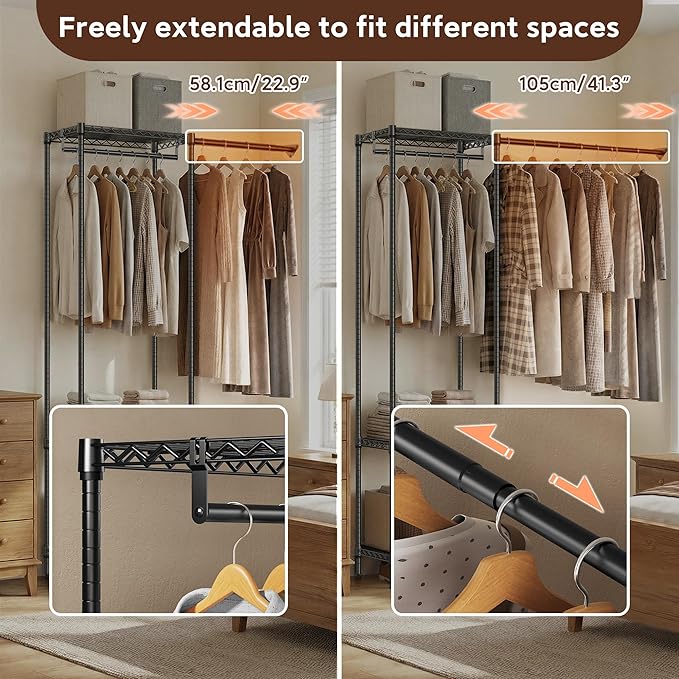 MZG Heavy Duty Rolling Garment Rack 3 Tiers Adjustable Wire Shelving Clothes Rack with 2 Rods Storage Closet Clothing Rack Black 13.8"D x 63.3"W x 82.4"H