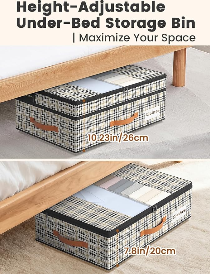 2-Pack Under Bed Storage with Wheels and 6 Vacuum Seal Bags, Adjustable Height 7.9"-10.2",Heavy Duty Capacity, Clear Lid Organizer for Dorm Bedroom Clothes Shoes Books,Quick Assembly Space Saver