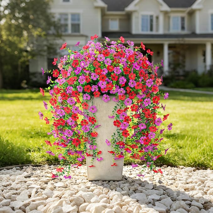 Fake Artificial Hanging Flowers for Outdoor Spring Decor 2PCS Faux Silk Flowers Plants for Outdoor Outside Planter UV Resistant Daisy for Porch Front Door Patio Balcony Yard Décor