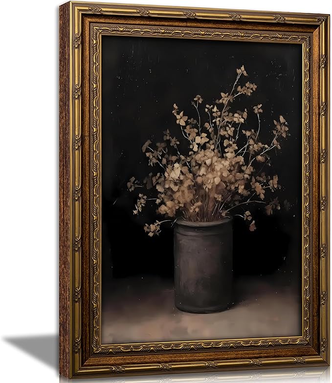 Vintage Gold Framed Wall Art Fall Dried Flowers Antique Vase Country Oil Painting Canvas Prints Dark Moody Rustic Still Life Picture Gothic Victorian Botanical Poster Artwork for Bedroom, 12x16in